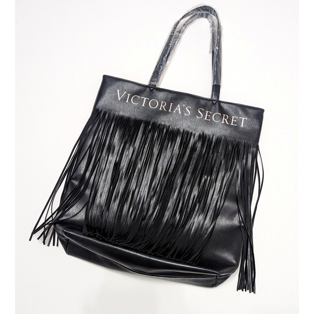 Victoria Secret 2018 Limited Edition Black Faux Leather Tote Bag With Fringe